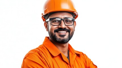 Indian construction worker smiles, showing professionalism, competence, radiating optimism while wearing protective gear.