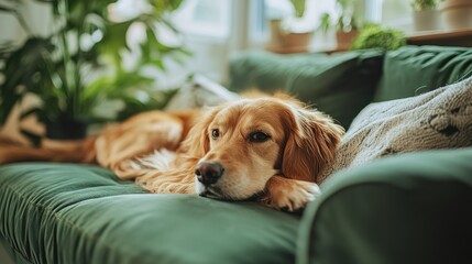 Golden Retriever rests peacefully, a picture of relaxation, on plush green couch indoors, serene moment.