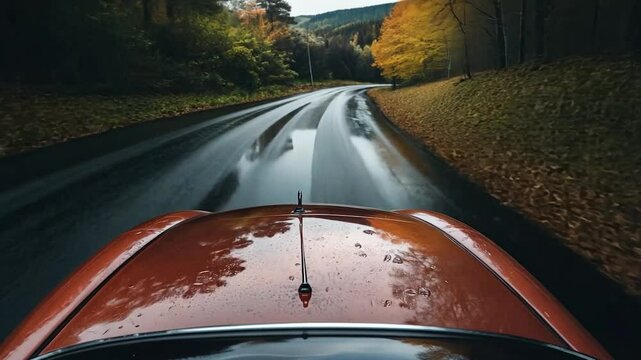 Rainy Autumn Drive Winding Road