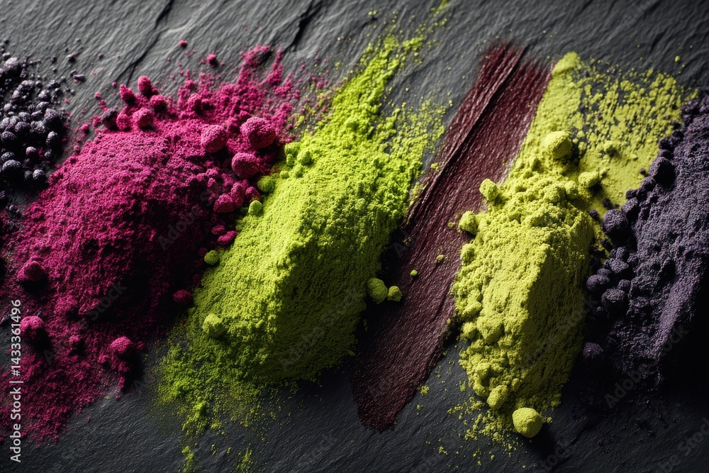 Poster a vibrant array of colorful powder pigments displayed on a textured black slate surface, creating a 