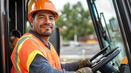 Happy Hispanic Construction Worker Operating Heavy Machinery Smiling Confidently Strong Professional Hard Hat Safety Gear man job site road vest blue 