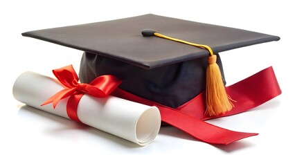 Graduation Cap and Diploma isolated on a white​ ​background