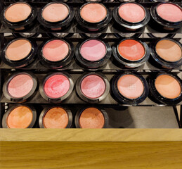 choice of cosmetics. palette of powder and foundation.choosing powder and makeup brush
