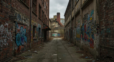 Fototapeta premium Gritty Urban Alleyway – Graffiti, Abandoned Buildings, and Post-Industrial Decay