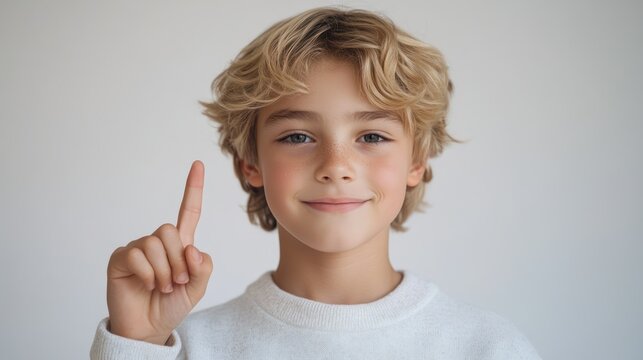 Caucasian child points index finger, displaying positive emotion, expressing inspiration, idea and imagination.
