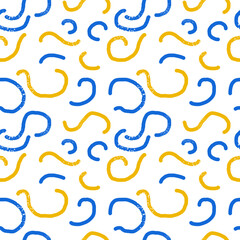 Trendy fun seamless pattern hand drawn in childish doodle style in stylish colors, swirls in blue and yellow with grainy texture on white background