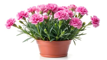 Pink perennial carnation in flowerpot, isolated on    a white​ ​background