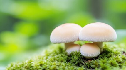 Three small white mushrooms growing on a vibrant green moss bed in a soft focus natural forest environment.