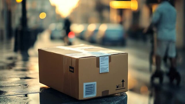 Delivery box on a rainy street at sunset with blurred city background