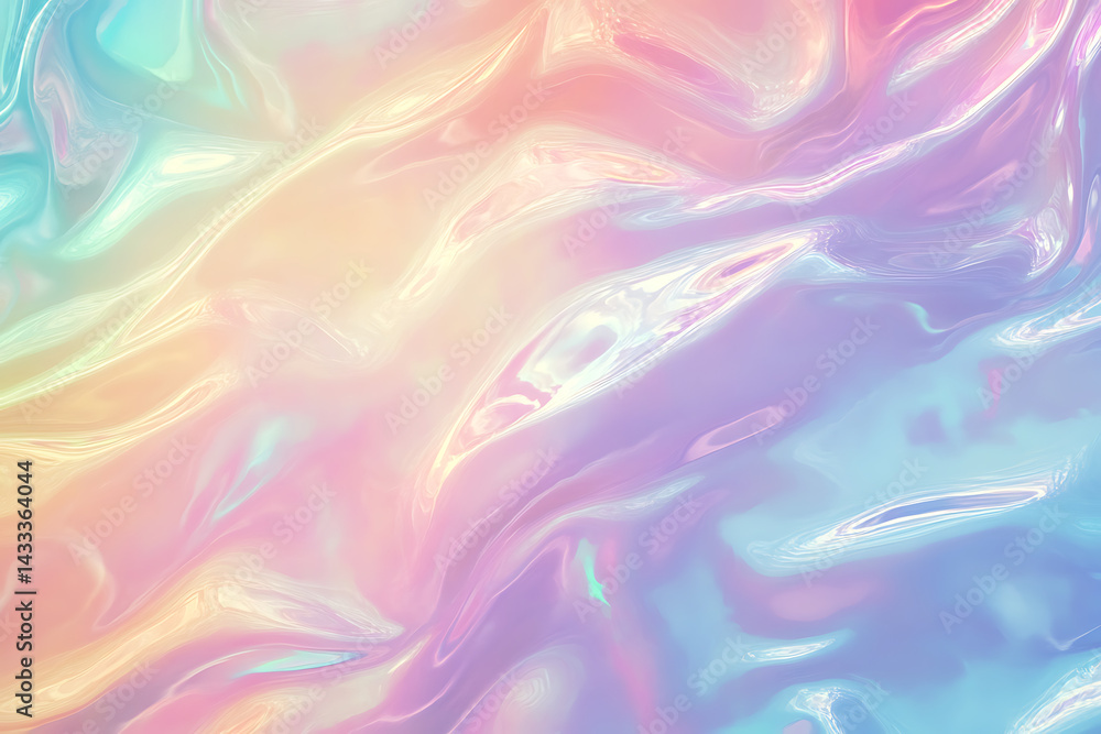 Poster holographic iridescent background with soft pastel colors and subtle waves for creating dreamy, ethe
