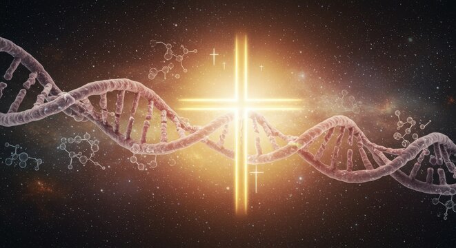 Glowing Christian cross intersecting DNHelix illustration. Faith intersecting science concept. For theological discussions, bioethics debates, modern religious art. Horizontal banner