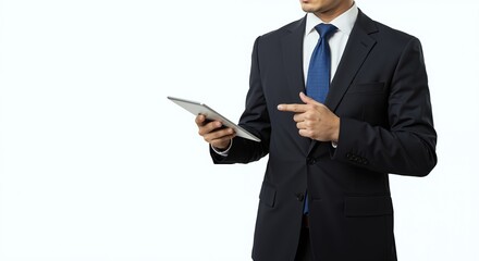 Business professional in dark suit holding tablet and pointing to screen with white background. Corporate technology. Digital solutions, business consulting. for corporate websites and B2B marketing.