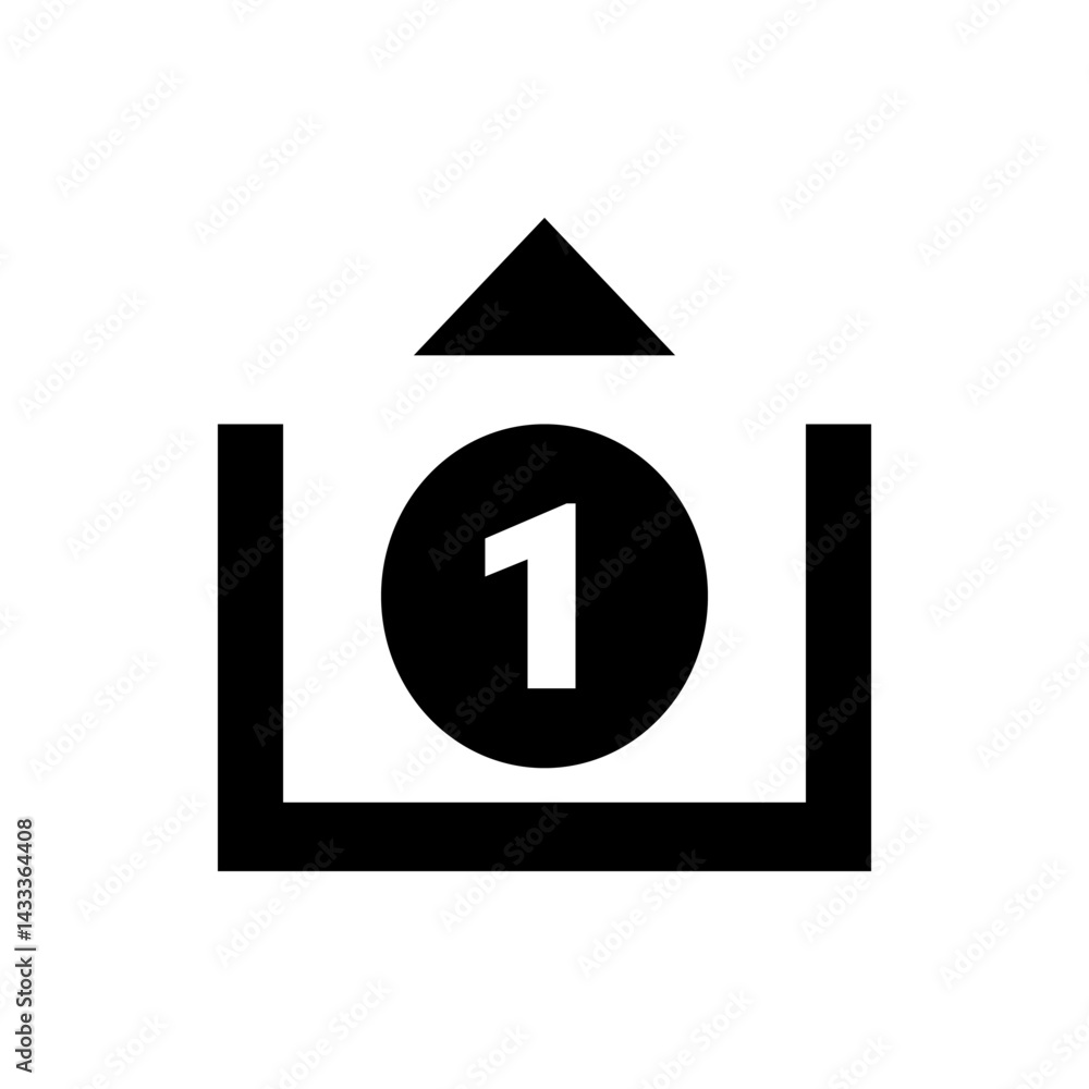Poster black and white icon featuring the number one in a circle with an upward pointing arrow above a box 