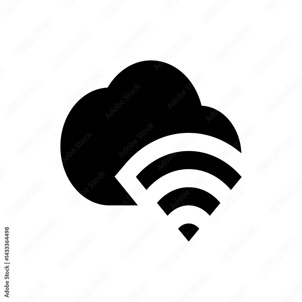 Poster black cloud icon with wifi signal radiating from the bottom right corner indicating wireless connect