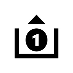 Black and white icon featuring the number one in a circle with an upward pointing arrow above a box shape