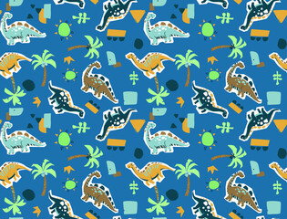 Seamless pattern with cute cutout dinosaurs and palm trees on blue background for kids textile design. © dan
