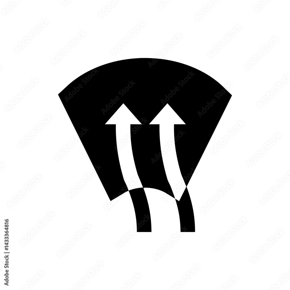 Poster two white upward arrows curving from the bottom in front of a black fan shape on a white background