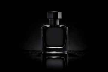 Sleek, black glass perfume bottle on dark background