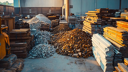 urban mining zero waste, sorted piles of construction materials windows wood bricks steel concrete, sustainable material recycling, reuse architecture, city sustainability, life cycle