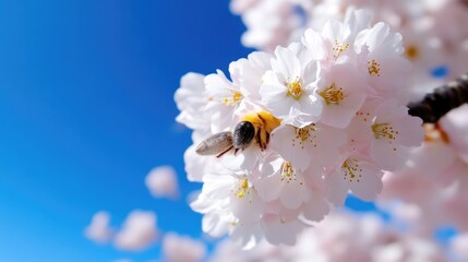 A bee collects nectar from delicate, pale pink cherry blossoms against a vibrant blue sky. Close-up view of the blossoms and the bee in action