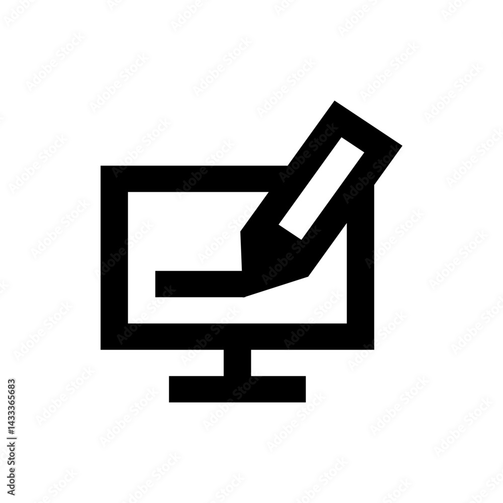 Poster illustration of a computer screen with a horizontal line and a pencil writing on the screen icon art
