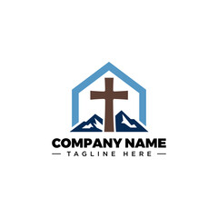 Simple Jesus Christian Cross with mountain for Church Chapel or School Logo Design Vector