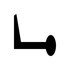 A black geometric shape consisting of a line connected to a circle and a slanted rectangle form on white background