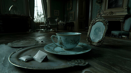 Abandoned mansion, teacup on table, dusty room, gloomy atmosphere, historical interior, perfect for mystery novel cover