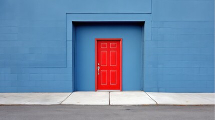 Obraz premium Bright red door centered on smooth solid blue building wall, ultra clean architectural pop contrast
