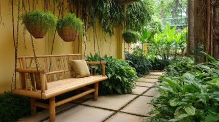 Fototapeta premium Chiang Mai tropical garden corner with bamboo bench, hanging vines, fern ground cover and filtered golden shade