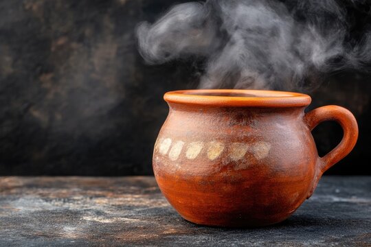 Earthenware mug with steam rising A rustic, terracotta-colored pot, full of a hot liquid, sits on a dark surface Steam ascends from the mug