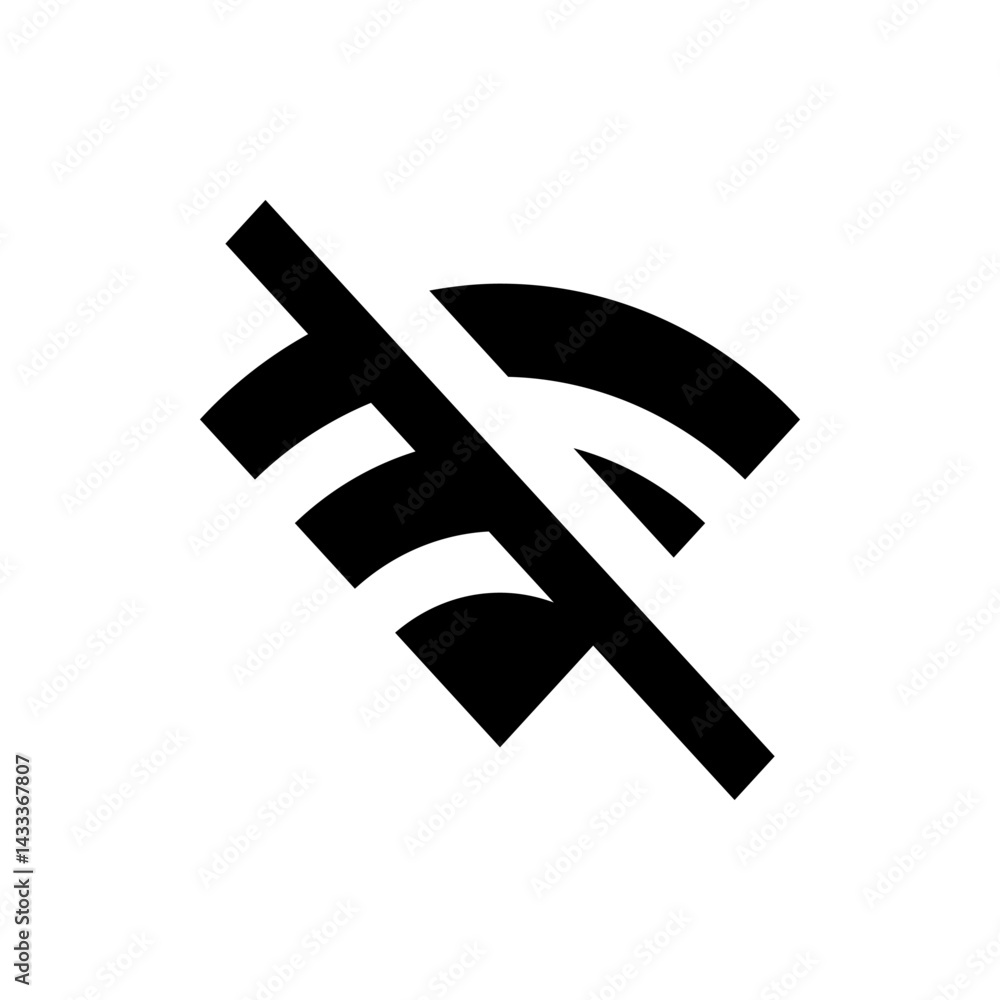 Poster illustration of a wifi signal with a diagonal line through it indicating no connection available dis