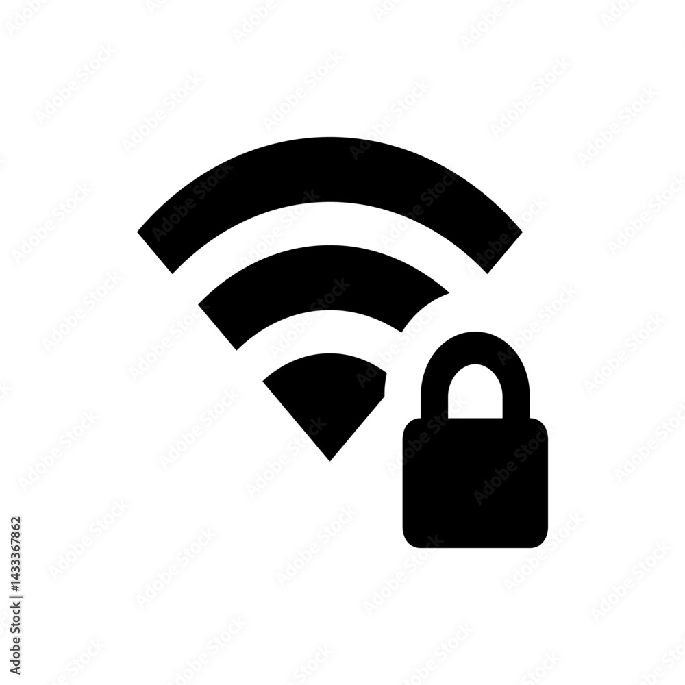 Poster illustration of a wifi signal icon with three bars and a padlock indicating secure wireless connecti