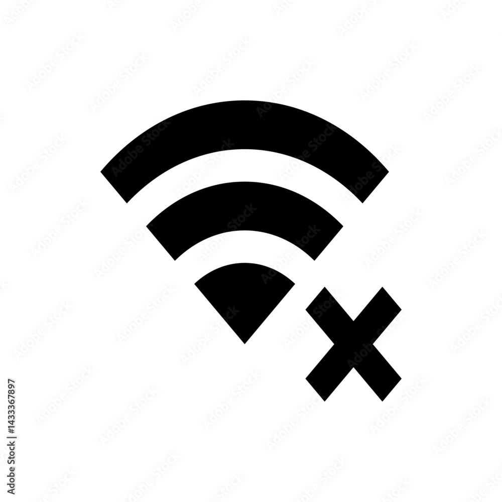 Poster black wifi symbol with three curved lines and a triangle shape with a black x in the bottom right co