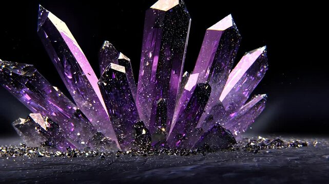 Purple crystal cluster on a textured surface, against a dark backdrop. Shiny fragments scatter around the base