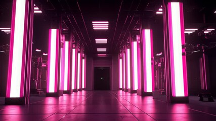 Illuminated corridor. Pink neon lights on columns in futuristic tunnel. Sleek, dark, metallic environment, end door - Powered by Adobe
