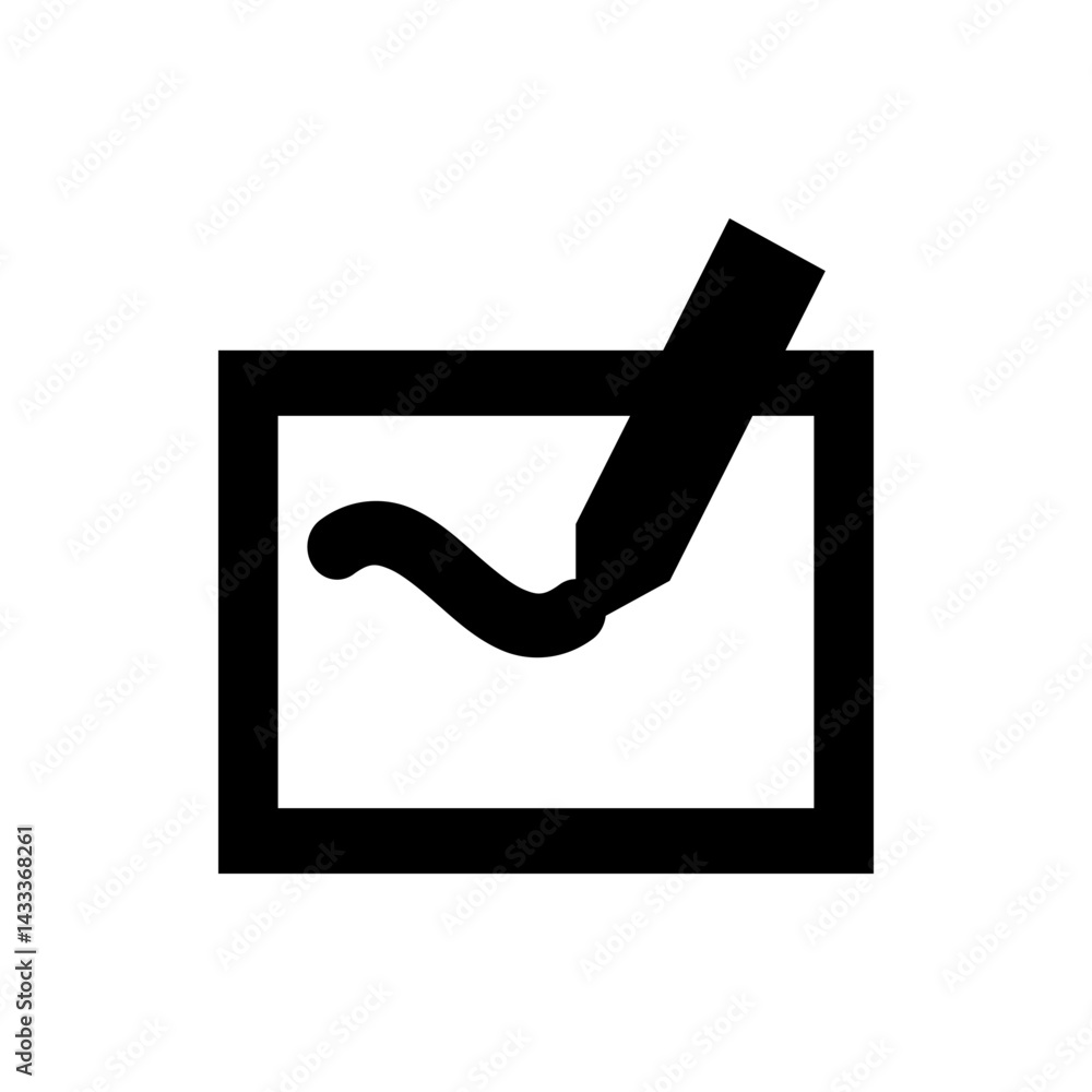 Poster drawing inside a frame with a pen creating a curved line on the canvas in a simple black and white s