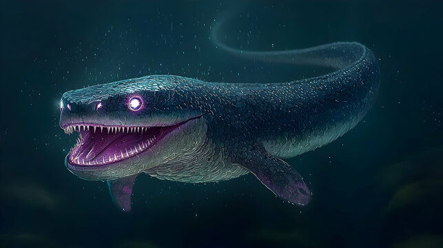 Bioluminescent prehistoric sea creature swimming in deep ocean; underwater fantasy illustration for science fiction, gaming, or educational purposes