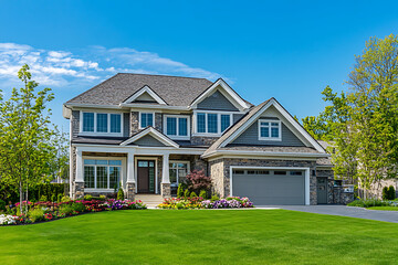 Highly detailed photograph of an upscale suburban home with a perfectly manicured lawn, showcasing the house's exterior design and landscaping in the springtime. 