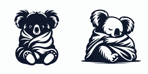 Koala Cuddling under a blanket. Funny Animal Vector Clip art. Furry australian mammal snuggling beneath soft warm textile for comfort.