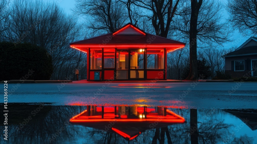 Aufkleber A small red illuminated building reflecting in a large puddle