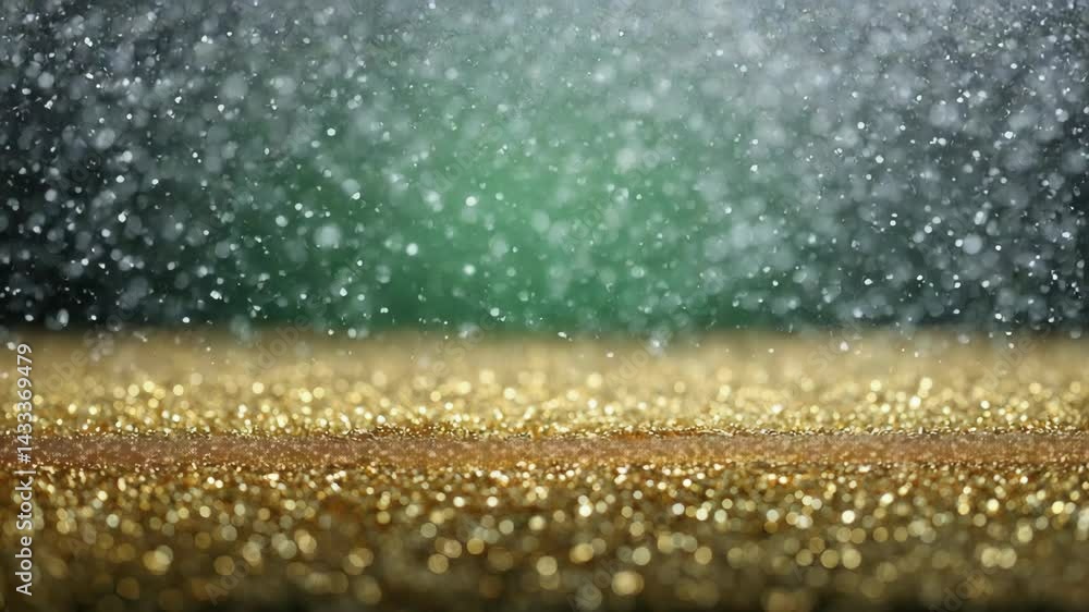Poster sparkling snowfall abstract on glittering golden surface and green backdrop. decorative, festive bac