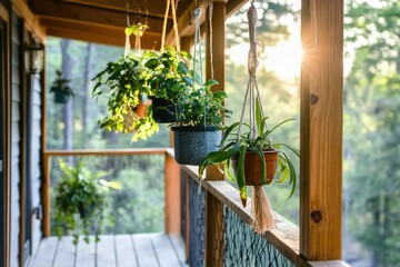 Hanging planters on a porch railing, sunlight filtering through trees  Potted herbs and succulents, various colors, hanging from the wooden beams