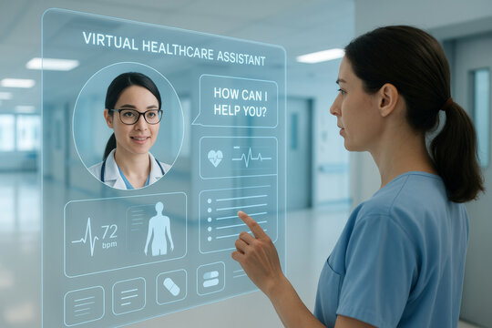 healthcare professional interacts with virtual healthcare assistant displayed on holographic screen, showcasing advanced technology in medical setting. scene conveys innovation and support
