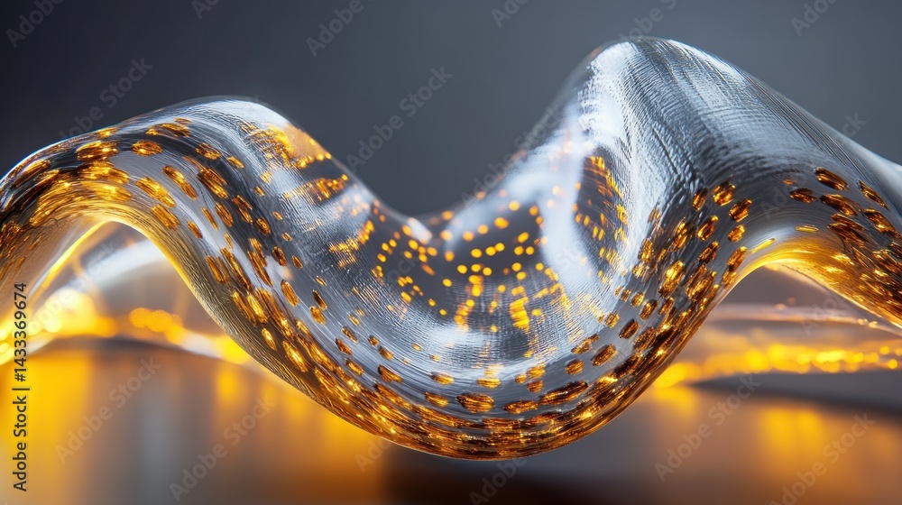 Poster an abstract metallic wave structure with glowing particle details shown