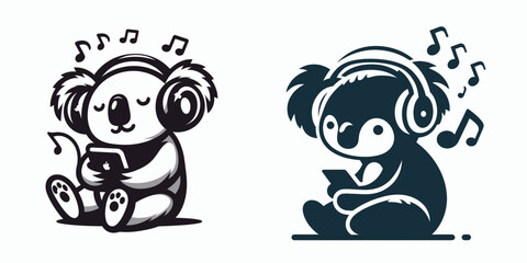 Fototapeta premium Koala Listening to music. Funny Animal Vector Clip art. Fuzzy marsupial enjoying audio entertainment eucalypt dweller absorbs sound vibe.