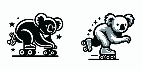 Naklejka premium Koala play roller skate. Funny Animal Vector Clip art. Marsupial enjoys wheel activity a fuzzy critter having fun with quad footwear.