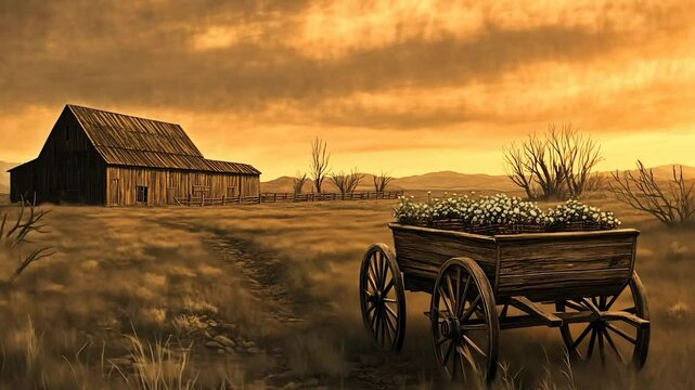 Dusty Prairie Sunset, Wooden Wagon