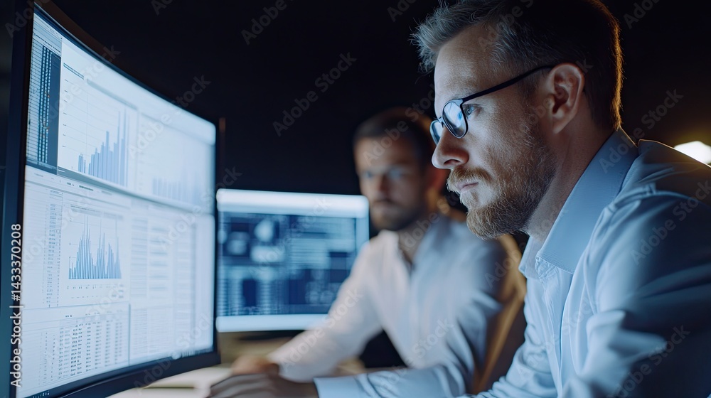Aufkleber focused data analysts scrutinizing complex financial charts on computer screens