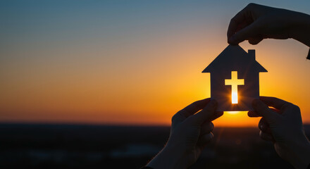 Hands holding house model with cross against sunset sky. Faith and home concept. Religious symbol at dusk. Church community. Family prayer. Christian values. Horizontal banner